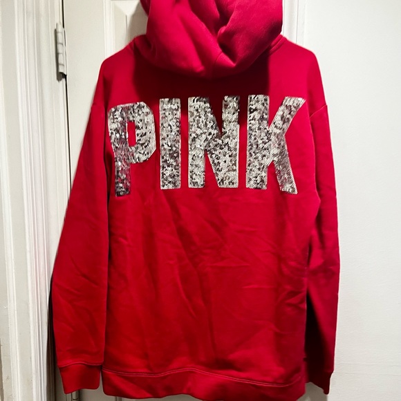 Pink VS sweatshirt with silver sequins and hoodie w/ Sherpa inside the hoodie - Picture 1 of 12